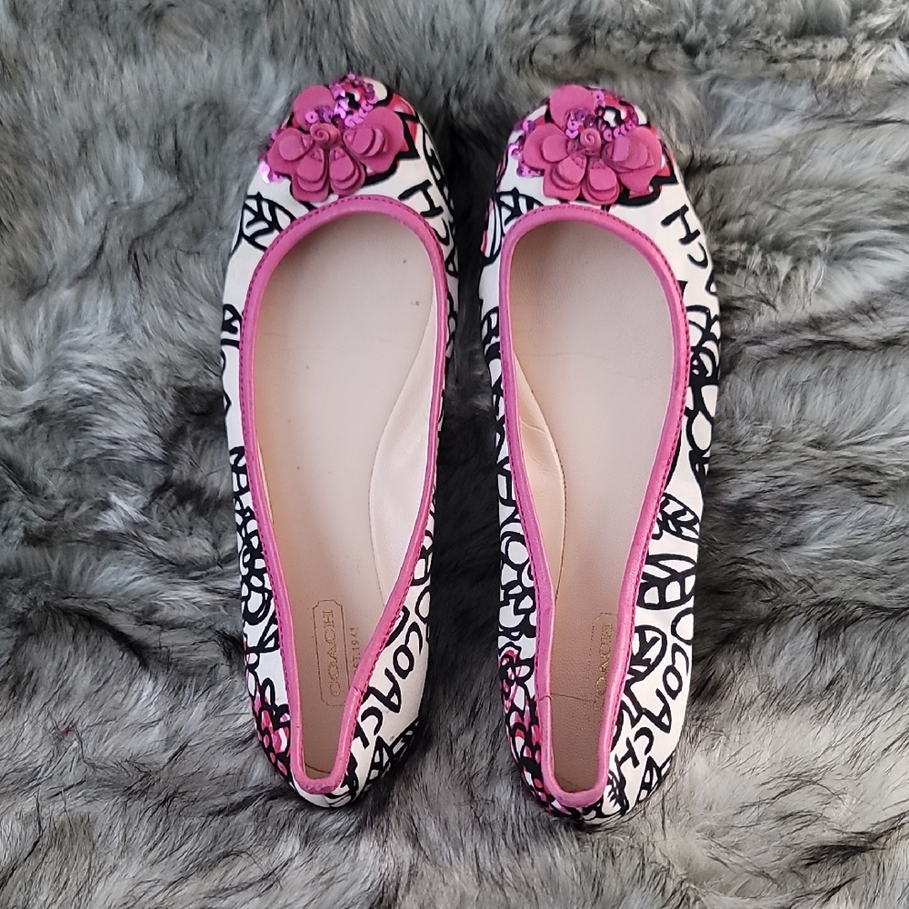 Coach Pink Black White Floral Logo Ballet Flats